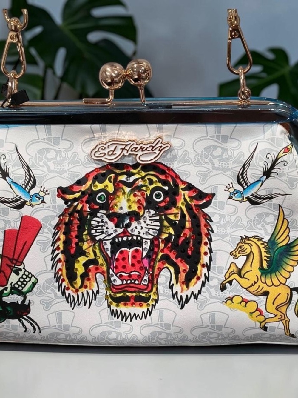 Ed Hardy Kisslock Shoulder Bag Clutch Tiger Skull Rhinestone Charm NWT White